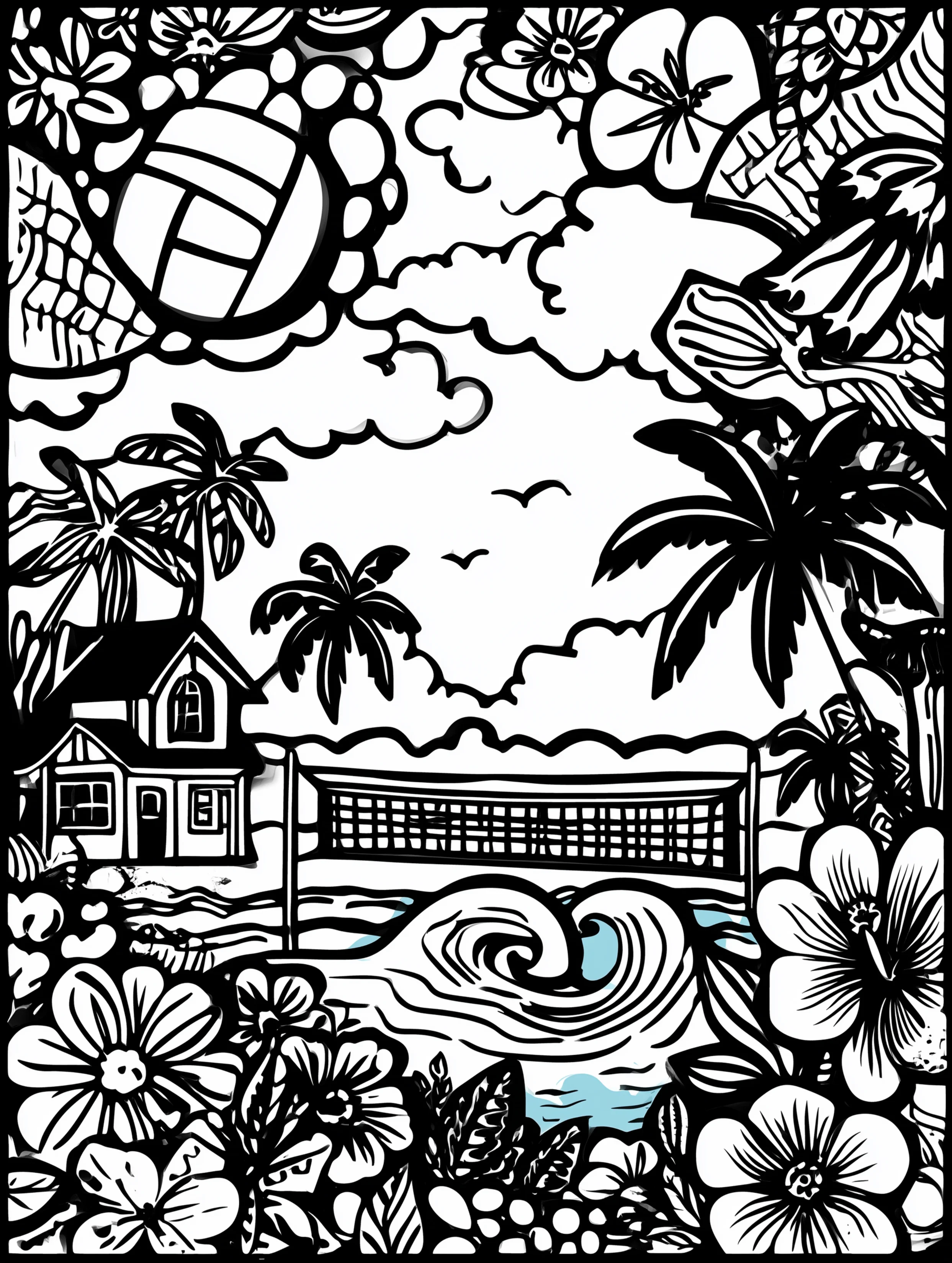 Free printable volleyball coloring page for adults featuring churning water and a volleyball under the sky